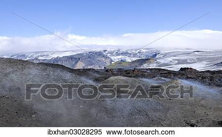 "View across new lava fields created by a volcanic eruption in 2010 to the Myrdalsjokull glacier, at the long-distance hiking trail from Skogar via Fimmvorouhals to the Thorsmork mountain ridge, Porsmork, Iceland, Europe" View Large Photo Image Stock Photography - "View across new lava fields created by a volcanic eruption in 2010 to the Myrdalsjokull glacier, at the long-distance hiking trail from Skogar via Fimmvorouhals to the Thorsmork mountain ridge, Porsmork, Iceland, Europe". Fotosearch