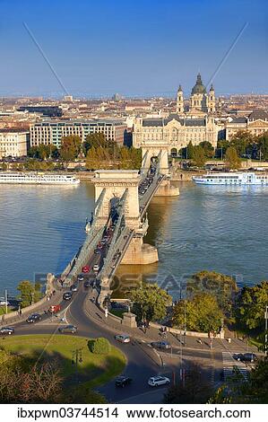 "View across the Danube to Pest from the Buda Castle Hill, with the Szechenyi lanchid, or Szechenyi Chain Bridge, Budapest, Hungary, Europe" View Large Photo Image Picture - "View across the Danube to Pest from the Buda Castle Hill, with the Szechenyi lanchid, or Szechenyi Chain Bridge, Budapest, Hungary, Europe". Fotosearch