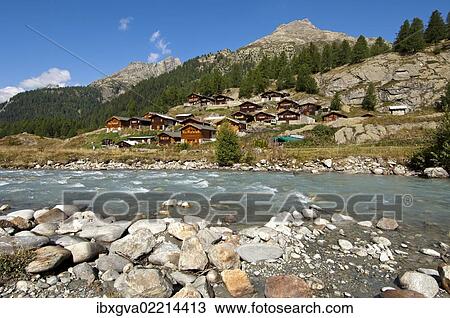 "View across the Lonza river towards the mountain huts of the Gletscherstafel hamlet, Loetschental valley, Valais, Switzerland, Europe" View Large Photo Image Stock Image - "View across the Lonza river towards the mountain huts of the Gletscherstafel hamlet, Loetschental valley, Valais, Switzerland, Europe". Fotosearch