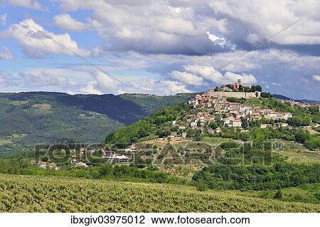 "View across vineyards to the town with atmospheric clouds, Motovun, Montona, Mirna Valley, Istria, Croatia, Europe" View Large Photo Image Stock Image - "View across vineyards to the town with atmospheric clouds, Motovun, Montona, Mirna Valley, Istria, Croatia, Europe". Fotosearch