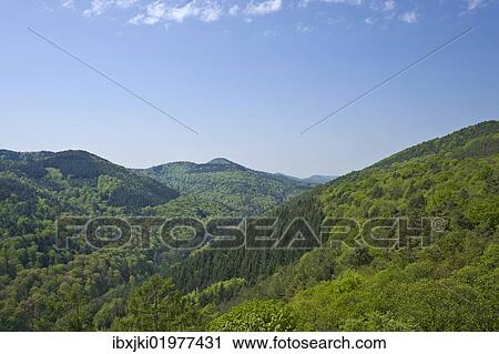Stock Image - "View from Burg Landeck castle on the Pfaelzerwald, Palatinate Forest, Klingenmuenster, Deutsche Weinstrasse, German Wine Road, Pfalz, Rhineland-Palatinate, Germany, Europe". Fotosearch