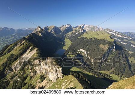 "View from Hohen Kasten Mountain over the Alpstein Range with Lake Saemtis, Appenzell, Switzerland, Europe" View Large Photo Image Stock Image - "View from Hohen Kasten Mountain over the Alpstein Range with Lake Saemtis, Appenzell, Switzerland, Europe". Fotosearch
