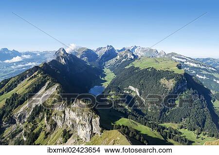 "View from Hoher Kasten mountain, 1794m, in the Appenzell Alps, Lake Saemtisersee in the center, canton of Appenzell Inner-Rhodes, Switzerland, Europe" View Large Photo Image Picture - "View from Hoher Kasten mountain, 1794m, in the Appenzell Alps, Lake Saemtisersee in the center, canton of Appenzell Inner-Rhodes, Switzerland, Europe". Fotosearch