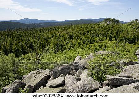 "View from Hohnekamm saddle to Mt Wurmberg, left, and Mt Brocken, right, Harz National Park, Saxony-Anhalt, Germany, Europe" View Large Photo Image Picture - "View from Hohnekamm saddle to Mt Wurmberg, left, and Mt Brocken, right, Harz National Park, Saxony-Anhalt, Germany, Europe". Fotosearch
