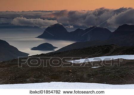 Stock Image - "View from Istind Mountain over the fjords landscape of the island of Senja, Troms, Norway, Europe". Fotosearch