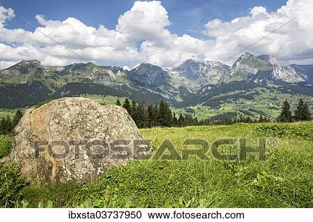 "View from Klangweg or Sound Trail on Toggenburg Mountain towards the Alpstein Mountains with Saentis Mountain, Wildhaus, Canton of St. Gallen, Switzerland, Europe" View Large Photo Image Stock Image - "View from Klangweg or Sound Trail on Toggenburg Mountain towards the Alpstein Mountains with Saentis Mountain, Wildhaus, Canton of St. Gallen, Switzerland, Europe". Fotosearch