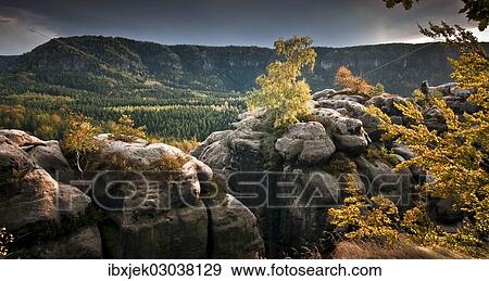 Stock Photo - "View from Kuhstall lookout, Elbe Sandstone Mountains, Saxony, Germany, Europe". Fotosearch