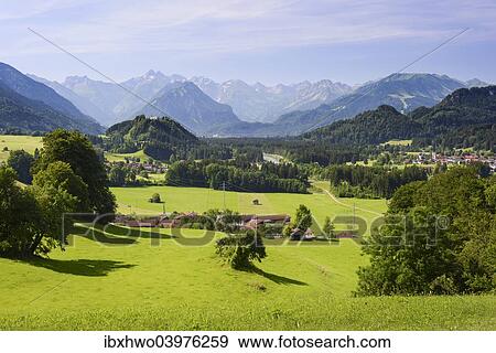"View from Malerwinkel on the valley of the Iller, behind Oberstdorf and the Alps, Hinang, Upper Oberallgau district, Bavaria, Germany, Europe" View Large Photo Image Stock Photo - "View from Malerwinkel on the valley of the Iller, behind Oberstdorf and the Alps, Hinang, Upper Oberallgau district, Bavaria, Germany, Europe". Fotosearch