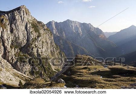 Stock Photograph - "View from Mangart Pass with a panorama of the Julian Alps, Triglav National Park, Slovenia, Europe". Fotosearch