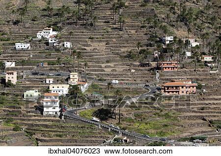 "View from Mirador Cesar Manrique onto terraced fields and houses of Hornillo, Valle Gran Rey, La Gomera, Canary Islands, Spain, Europe" View Large Photo Image Stock Image - "View from Mirador Cesar Manrique onto terraced fields and houses of Hornillo, Valle Gran Rey, La Gomera, Canary Islands, Spain, Europe". Fotosearch