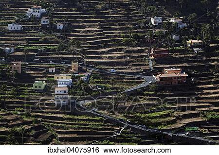 "View from Mirador Cesar Manrique onto terraced fields and houses of Hornillo, Valle Gran Rey, La Gomera, Canary Islands, Spain, Europe" View Large Photo Image Stock Photograph - "View from Mirador Cesar Manrique onto terraced fields and houses of Hornillo, Valle Gran Rey, La Gomera, Canary Islands, Spain, Europe". Fotosearch