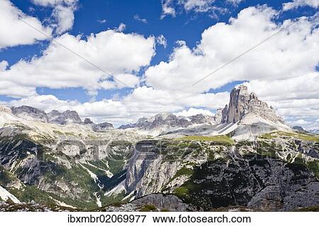 "View from Monte Piano in the Alta Pusteria valley, Tre Cime di Lavaredo massif in the back, Dolomites, South Tyrol, Italy, Europe" View Large Photo Image Stock Photo - "View from Monte Piano in the Alta Pusteria valley, Tre Cime di Lavaredo massif in the back, Dolomites, South Tyrol, Italy, Europe". Fotosearch
