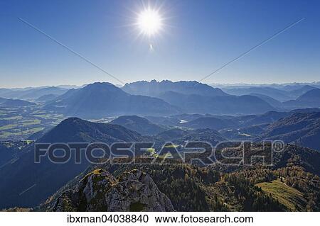 "View from Mt Brunnstein in the Mangfall Mountains to the southeast, Kaiser Mountains in Tyrol at the back, Upper Bavaria, Bavaria, Germany, Europe" View Large Photo Image Stock Image - "View from Mt Brunnstein in the Mangfall Mountains to the southeast, Kaiser Mountains in Tyrol at the back, Upper Bavaria, Bavaria, Germany, Europe". Fotosearch