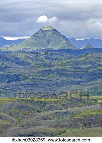 "View from Mt Eggjar across the Emstrur lava desert to Hattafell, on the long-distance hiking trail from Skogar via Fimmvorouhals to the Thorsmork mountain ridge, Porsmork, Iceland, Europe" View Large Photo Image Stock Photo - "View from Mt Eggjar across the Emstrur lava desert to Hattafell, on the long-distance hiking trail from Skogar via Fimmvorouhals to the Thorsmork mountain ridge, Porsmork, Iceland, Europe". Fotosearch