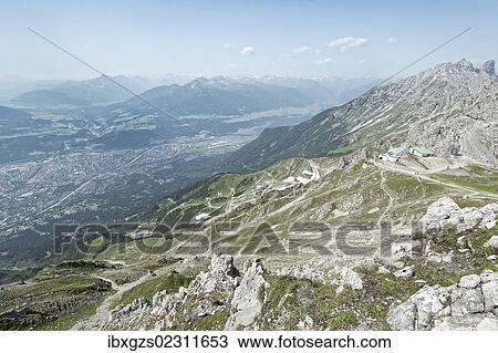 Stock Image - "View from Mt Hafelekarspitze to Seegrube, Innsbruck, Inn Valley, Stubai Valley, and the Austrian Central Alps, Tyrol, Austria, Europe". Fotosearch