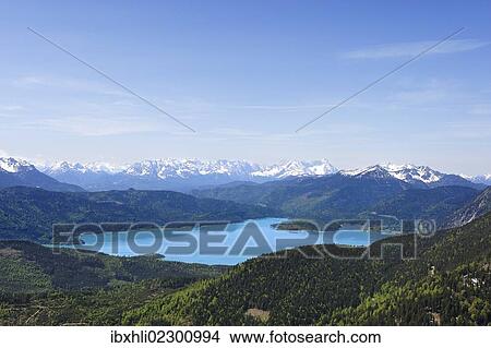 Picture - "View from Mt Hirschkopfhoernl to Walchensee Lake and the Wetterstein range, Jachenau, Toelzer Land region, Isarwinkel region, Upper Bavaria, Bavaria, Germany, Europe, PublicGround, Europe". Fotosearch
