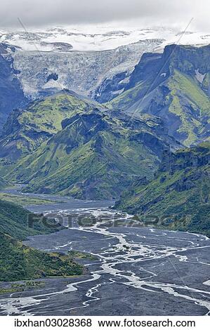 "View from Mt Valahnukur to the Thorsmork with the glacial river Krossa, on the long-distance hiking trail from Skogar via Fimmvorouhals to the Thorsmork mountain ridge, Porsmork, Iceland, Europe" View Large Photo Image Stock Photo - "View from Mt Valahnukur to the Thorsmork with the glacial river Krossa, on the long-distance hiking trail from Skogar via Fimmvorouhals to the Thorsmork mountain ridge, Porsmork, Iceland, Europe". Fotosearch