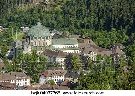 Stock Photo - "View from Mt Weissenstein, St. Blaise Abbey and St. Blaise's Cathedral, St. Blasien, Black Forest, Baden-Wurttemberg, Germany, Europe". Fotosearch