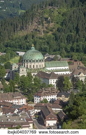 Stock Photo - "View from Mt Weissenstein, St. Blaise Abbey and St. Blaise's Cathedral, St. Blasien, Black Forest, Baden-Wurttemberg, Germany, Europe". Fotosearch