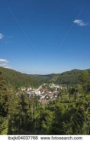 Stock Photograph - "View from Mt Weissenstein, St. Blaise Abbey and St. Blaise's Cathedral, St. Blasien, Black Forest, Baden-Wurttemberg, Germany, Europe". Fotosearch