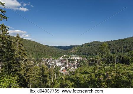 Stock Photography - "View from Mt Weissenstein, St. Blaise Abbey and St. Blaise's Cathedral, St. Blasien, Black Forest, Baden-Wurttemberg, Germany, Europe". Fotosearch