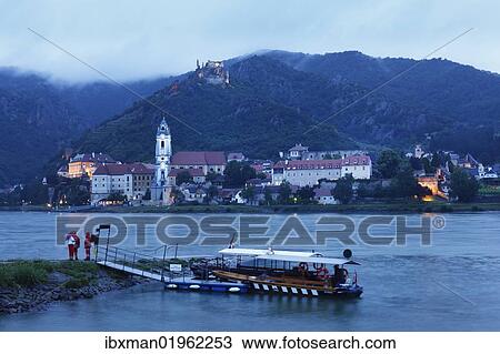 Stock Image - "View from Rossatzbach over the Danube river on Duernstein, Wachau, Lower Austria, Austria, Europe". Fotosearch