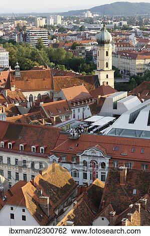 "View from Schlossberg, castle hill, Cafe Lounge on the roof of Kastner and Oehler, Franciscan Church, Graz, Styria, Austria, Europe, PublicGround, Europe" View Large Photo Image Stock Image - "View from Schlossberg, castle hill, Cafe Lounge on the roof of Kastner and Oehler, Franciscan Church, Graz, Styria, Austria, Europe, PublicGround, Europe". Fotosearch