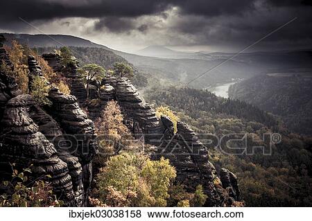 Stock Photo - "View from Schrammstein lookout point, Elbe Sandstone Mountains, Saxony, Germany, Europe". Fotosearch
