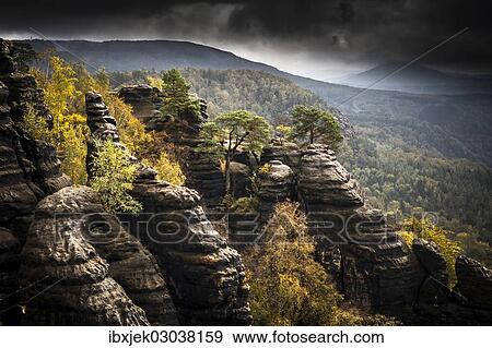Stock Photo - "View from Schrammstein lookout point, Elbe Sandstone Mountains, Saxony, Germany, Europe". Fotosearch