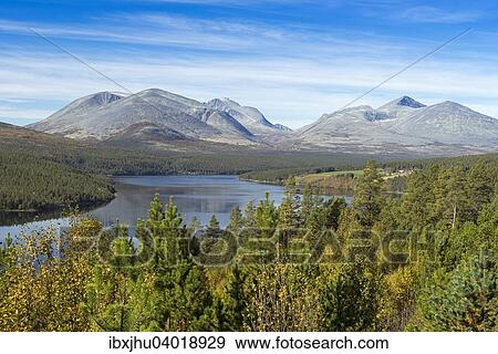 Stock Photo - "View from Sohlbergplassen over the Atnsjoenlake on Rondane National Park, National Tourist Route, Hedmark, Oppland, Norway, Europe". Fotosearch