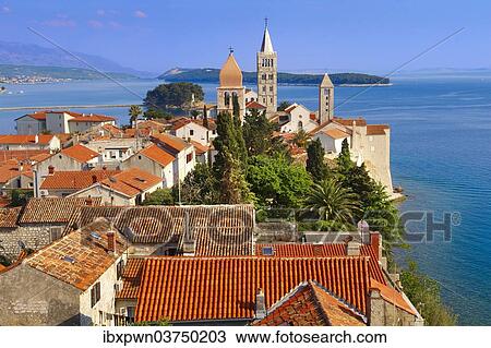 "View from St John Church tower over the medieval roof tops of Rab town, Rab Island, Primorje-Gorski Kotar County, Croatia, Europe" View Large Photo Image Stock Image - "View from St John Church tower over the medieval roof tops of Rab town, Rab Island, Primorje-Gorski Kotar County, Croatia, Europe". Fotosearch