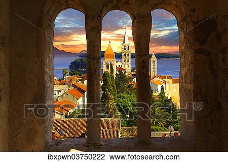 "View from St John Church tower over the medieval roof tops of Rab town, Rab Island, Primorje-Gorski Kotar County, Croatia, Europe" View Large Photo Image Stock Image - "View from St John Church tower over the medieval roof tops of Rab town, Rab Island, Primorje-Gorski Kotar County, Croatia, Europe". Fotosearch