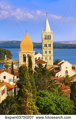 "View from St John Church tower over the medieval roof tops of Rab town, Rab Island, Primorje-Gorski Kotar County, Croatia, Europe" View Large Photo Image Stock Photo - "View from St John Church tower over the medieval roof tops of Rab town, Rab Island, Primorje-Gorski Kotar County, Croatia, Europe". Fotosearch