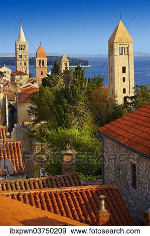 "View from St John Church tower over the medieval roof tops of Rab town, Rab Island, Primorje-Gorski Kotar County, Croatia, Europe" View Large Photo Image Stock Photo - "View from St John Church tower over the medieval roof tops of Rab town, Rab Island, Primorje-Gorski Kotar County, Croatia, Europe". Fotosearch