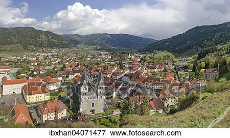 Stock Photo - "View from St Peter's Church onto the village with the Parish Church of St. Barthlma, Friesach, Carinthia, Austria, Europe". Fotosearch