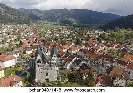 Stock Photo - "View from St Peter's Church onto the village with the Parish Church of St. Barthlma, Friesach, Carinthia, Austria, Europe". Fotosearch