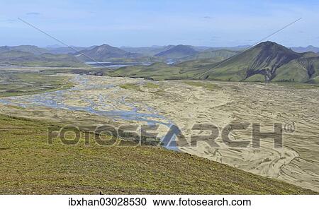 "View from Suournamur Mountain over a river landscape with an alluvial fan, Landmannalaugar, Southern Region, Iceland, Europe" View Large Photo Image Stock Image - "View from Suournamur Mountain over a river landscape with an alluvial fan, Landmannalaugar, Southern Region, Iceland, Europe". Fotosearch