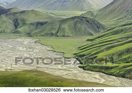 "View from Suournamur Mountain over a river landscape with an alluvial fan, Landmannalaugar, Southern Region, Iceland, Europe" View Large Photo Image Stock Photograph - "View from Suournamur Mountain over a river landscape with an alluvial fan, Landmannalaugar, Southern Region, Iceland, Europe". Fotosearch
