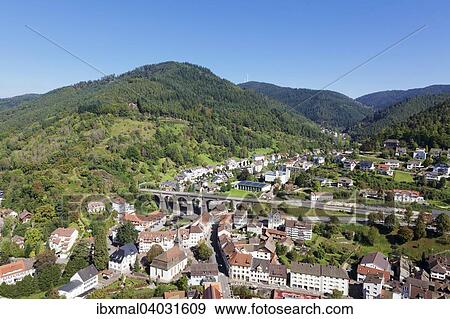 Stock Photo - "View from the castle on Hornberg and Gutachtal, Black Forest, Baden-Wurttemberg, Germany, Europe". Fotosearch