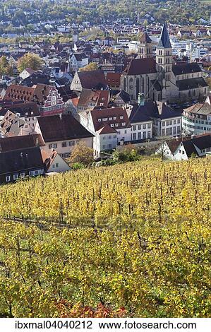 Stock Image - "View from the castle on the old town in autumn, Esslingen am Neckar, Baden-Wurttemberg, Germany, Europe". Fotosearch