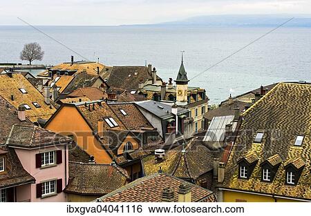"View from the castle over the rooftops of Nyon of Lake Geneva, Nyon, Canton of Vaud, Switzerland, Europe" View Large Photo Image Stock Photograph - "View from the castle over the rooftops of Nyon of Lake Geneva, Nyon, Canton of Vaud, Switzerland, Europe". Fotosearch