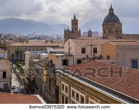 Stock Image - "View from the church SS Salvatore across the historic centre, the Cathedral of Palermo at the back, Palermo, Sicily, Italy, Europe". Fotosearch