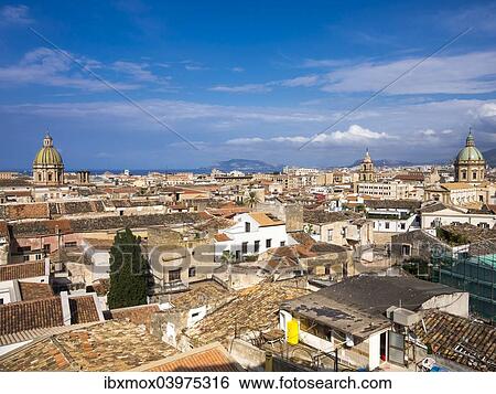 "View from the church SS Salvatore across the historic centre, the church of San Giuseppe dei Teatini to the left, the Chiesa del Gesu to the right, Palermo, Sicily, Italy, Europe" View Large Photo Image Stock Photograph - "View from the church SS Salvatore across the historic centre, the church of San Giuseppe dei Teatini to the left, the Chiesa del Gesu to the right, Palermo, Sicily, Italy, Europe". Fotosearch