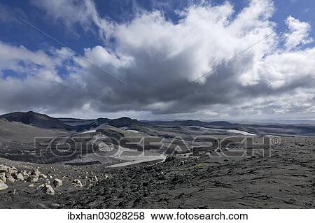 Stock Photo - "View from the Fimmvorouhals plateau at the long-distance hiking trail from Skogar via Fimmvorouhals to the Thorsmork mountain ridge, Porsmork, Iceland, Europe". Fotosearch