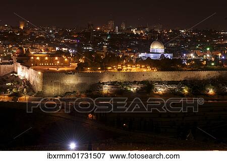 Stock Photo - "View from the Mount of Olives in Jerusalem by night, with Wailing Wall and Dome of the Rock, Israel, Middle East, Asia". Fotosearch