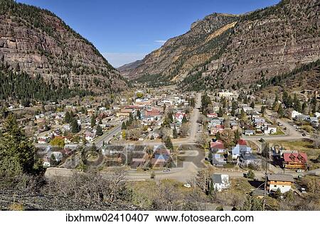 Stock Photo - "View from the mountain pass of Highway 550 over the gold and silver mining town of Ouray, Colorado, USA". Fotosearch