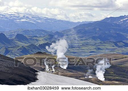 "View from the Mt Hrafntinnusker or """"Raven Mountain"""" across hot springs to Myrdalsjokull galcier, Hrafntinnusker, Landmannalaugar, Iceland, Europe" View Large Photo Image Stock Photo - "View from the Mt Hrafntinnusker or """"Raven Mountain"""" across hot springs to Myrdalsjokull galcier, Hrafntinnusker, Landmannalaugar, Iceland, Europe". Fotosearch