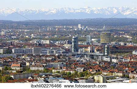 "View from the Olympiaturm Tower, TV Tower, over Neuhausen quarter and the Alps, during foehn weather, Munich, Upper Bavaria, Bavaria, Germany, Europe" View Large Photo Image Stock Photograph - "View from the Olympiaturm Tower, TV Tower, over Neuhausen quarter and the Alps, during foehn weather, Munich, Upper Bavaria, Bavaria, Germany, Europe". Fotosearch