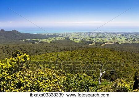 Stock Photo - "View from the Pouakai Hut of New Plymouth, Egmont National Park, Taranaki Region, New Zealand, Oceania". Fotosearch