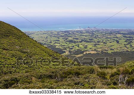 Stock Photography - "View from the Pouakai Hut of New Plymouth, Pouakai Range, Egmont National Park, Taranaki Region, New Zealand, Oceania". Fotosearch